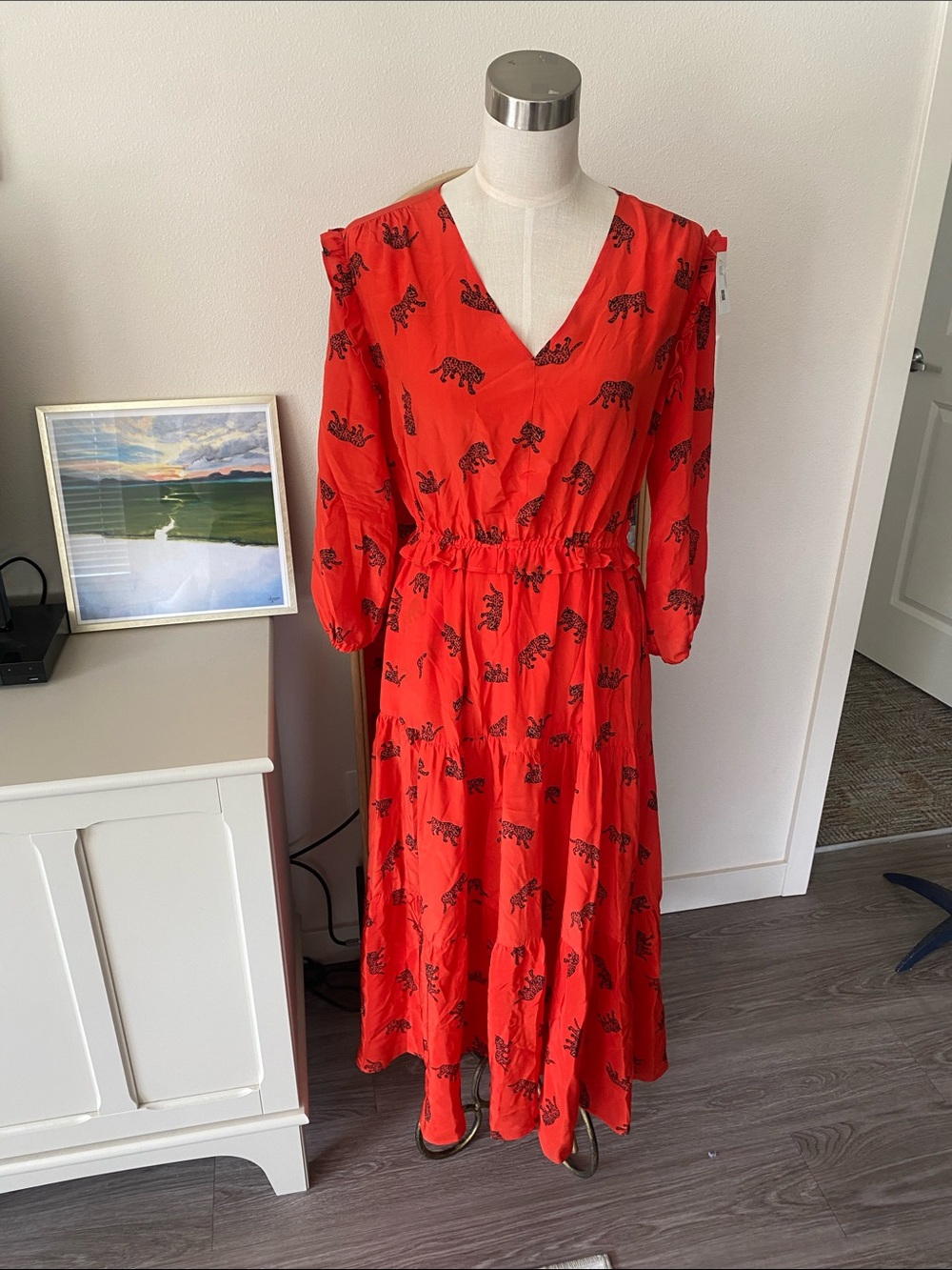 Tucker Orange Silk Big Cat Midi Dress